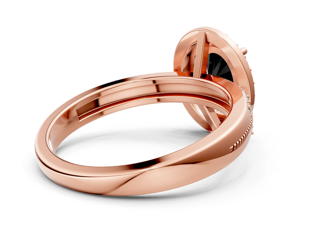 Rose gold Fancy Black Oval Cut Diamond Double Halo Ring with Split Shank and Four-Prong Setting