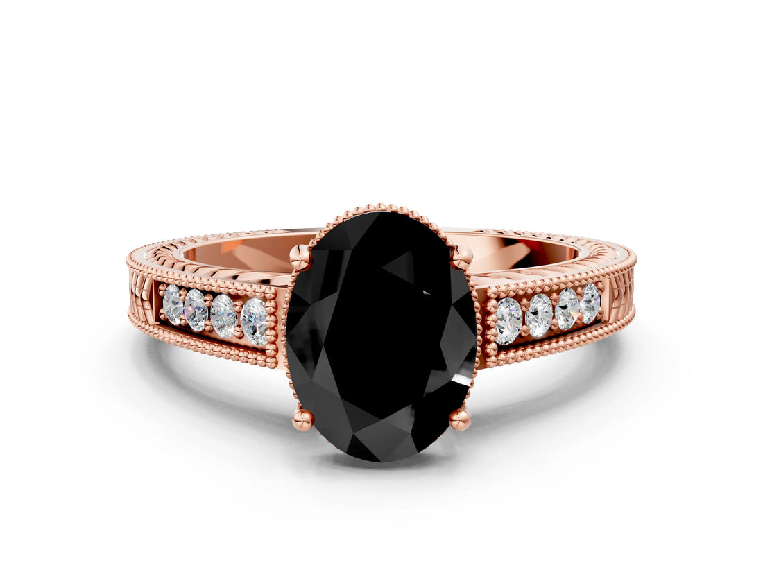 Rose gold Fancy Black Oval Cut Diamond Engagement Ring with Milgrain Channel Set Band and Prong Setting