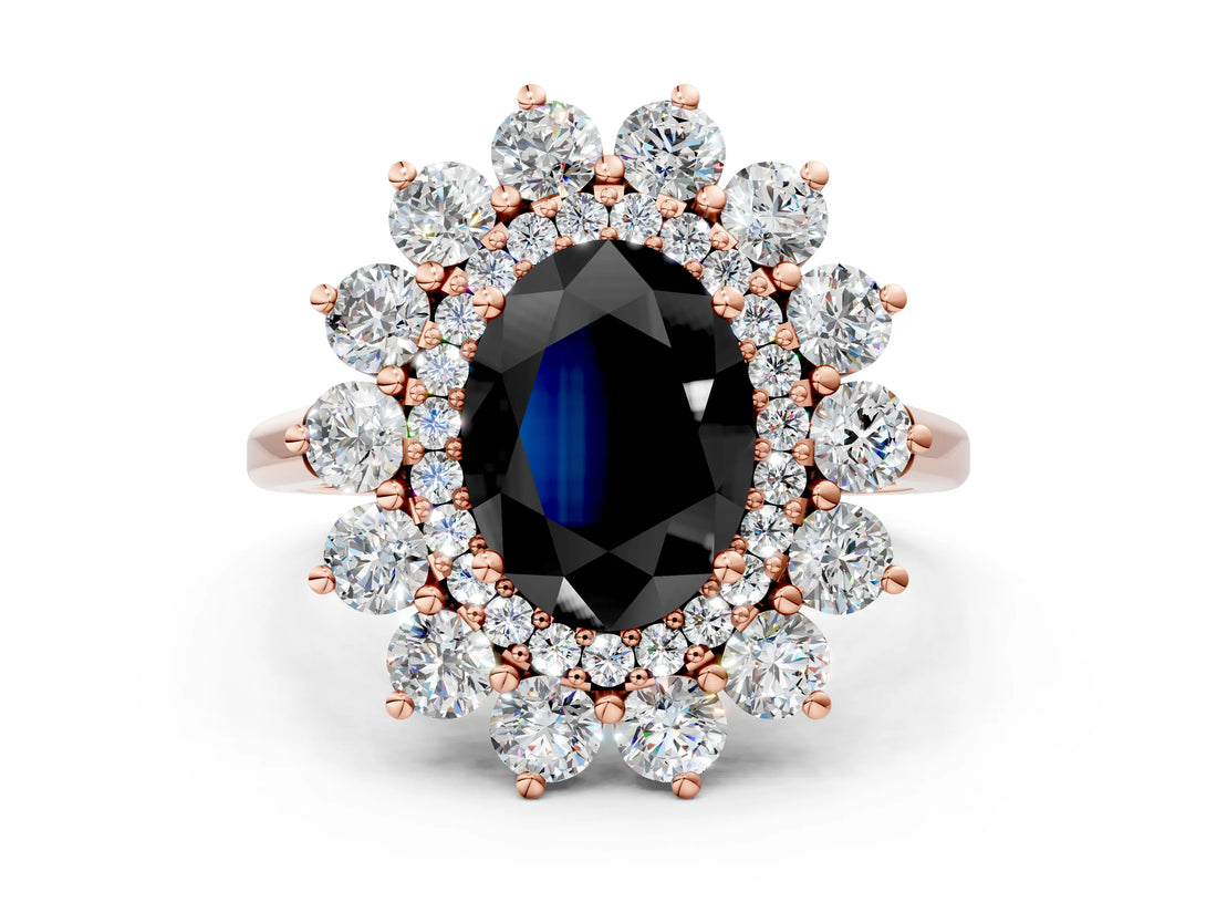 Rose gold Fancy Black Oval Cut Diamond Floral Double Halo Engagement Ring with Prong Setting_25