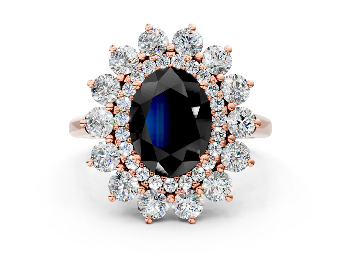 Rose gold Fancy Black Oval Cut Diamond Floral Double Halo Engagement Ring with Prong Setting_73