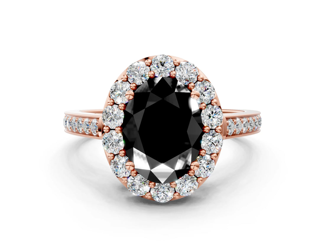 Rose gold Fancy Black Oval Cut Diamond Floral Halo Ring with Pavé Band and Prong Setting_3