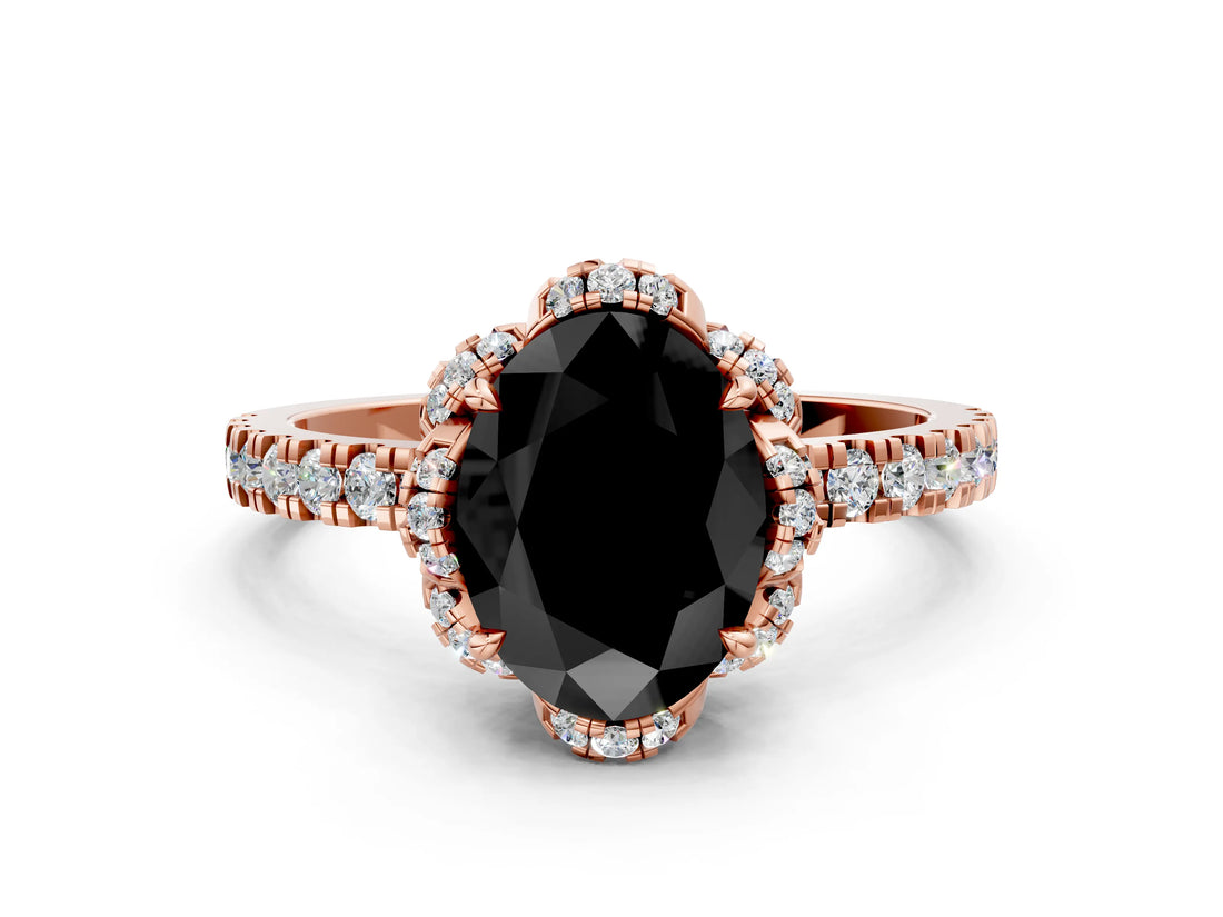Rose gold Fancy Black Oval Cut Diamond Halo Pave Band with Four-Prong Setting_3