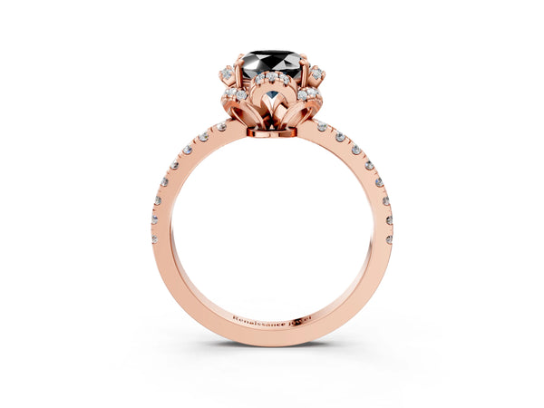 Rose Gold Oval Four Petal Floral Halo Engagement Ring Setting for Black Center