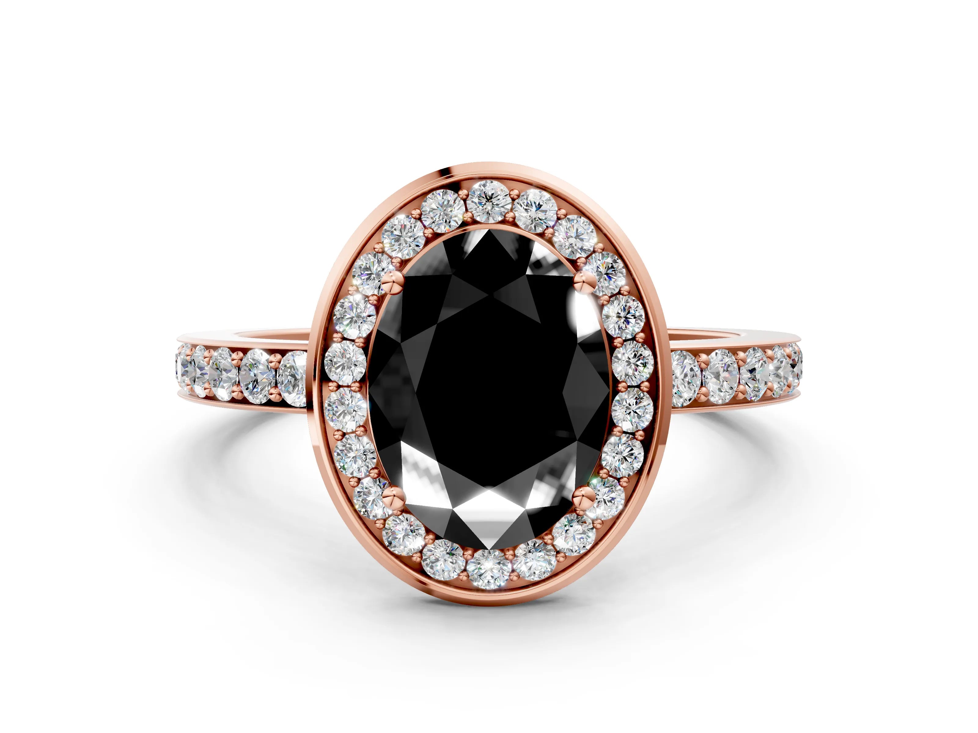 Rose gold Fancy Black Oval Cut Diamond Halo Ring with Bezel Frame and Pavé Band