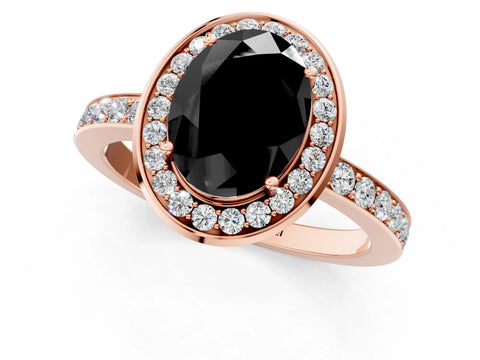 Rose gold Fancy Black Oval Cut Diamond Halo Ring with Bezel Frame and Pavé Band_1