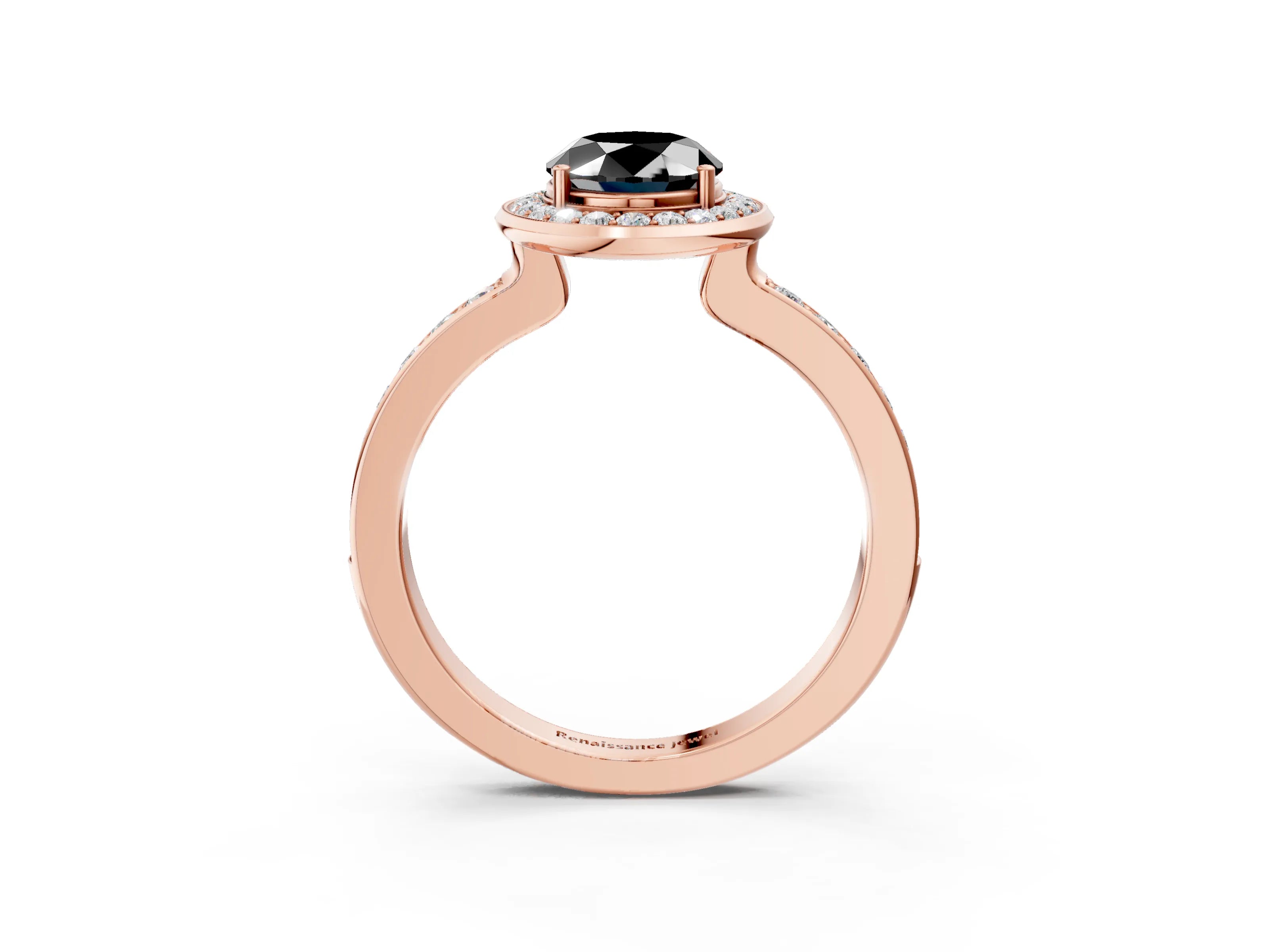 Rose gold Fancy Black Oval Cut Diamond Halo Ring with Bezel Frame and Pavé Band_3