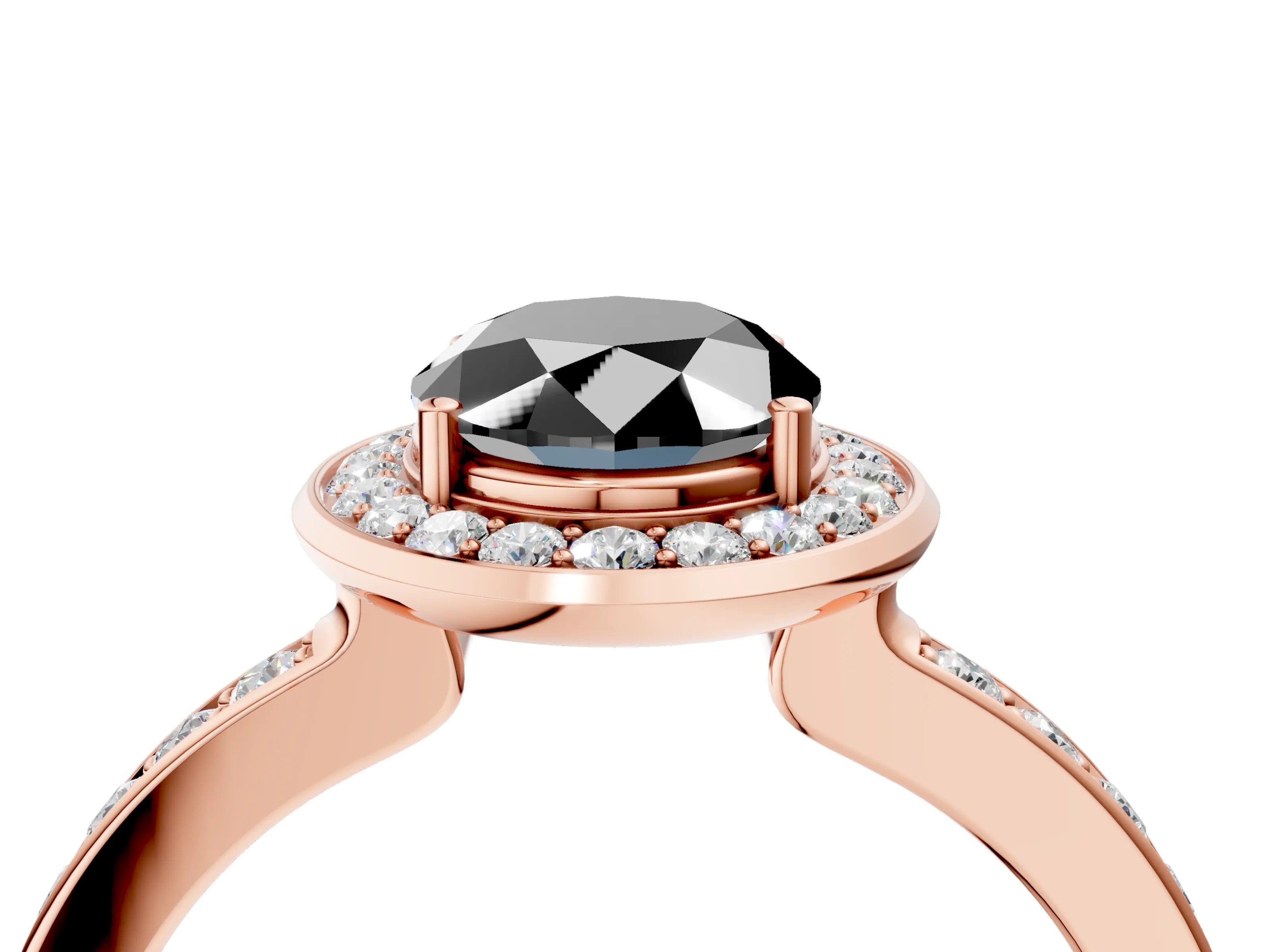 Rose gold Fancy Black Oval Cut Diamond Halo Ring with Bezel Frame and Pavé Band_4