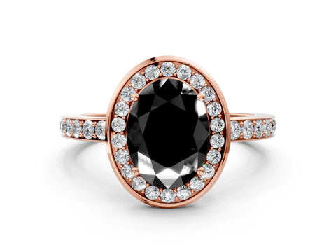 Rose gold Fancy Black Oval Cut Diamond Halo Ring with Bezel Frame and Pavé Band