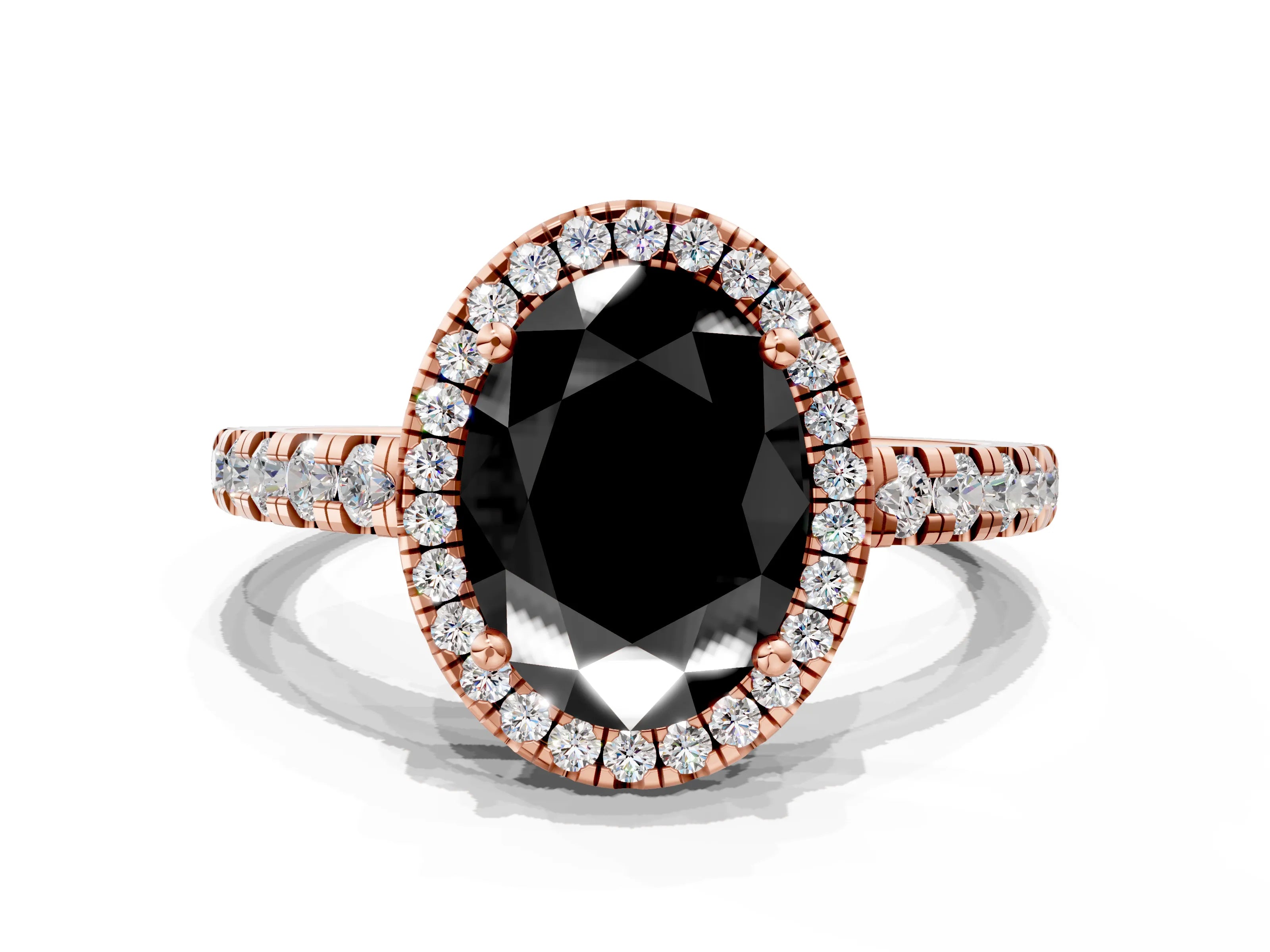 Rose gold Fancy Black Oval Cut Diamond Halo Ring with Pavé Band and Four-Prong Setting