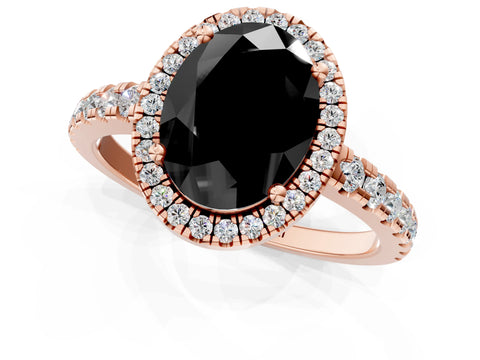 Rose gold Fancy Black Oval Cut Diamond Halo Ring with Pavé Band and Four-Prong Setting_1