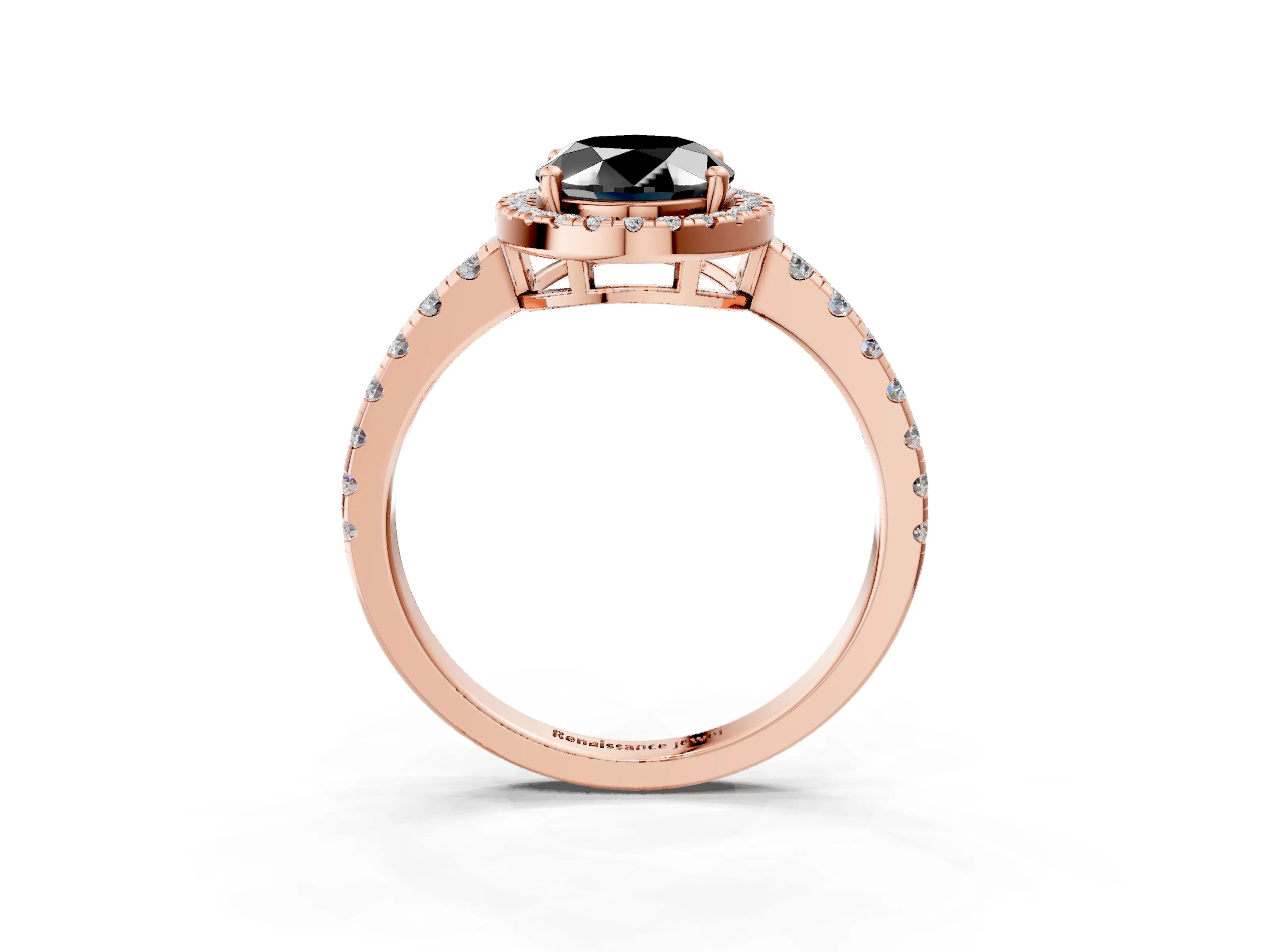 Rose gold Fancy Black Oval Cut Diamond Halo Ring with Pavé Band and Four-Prong Setting_3