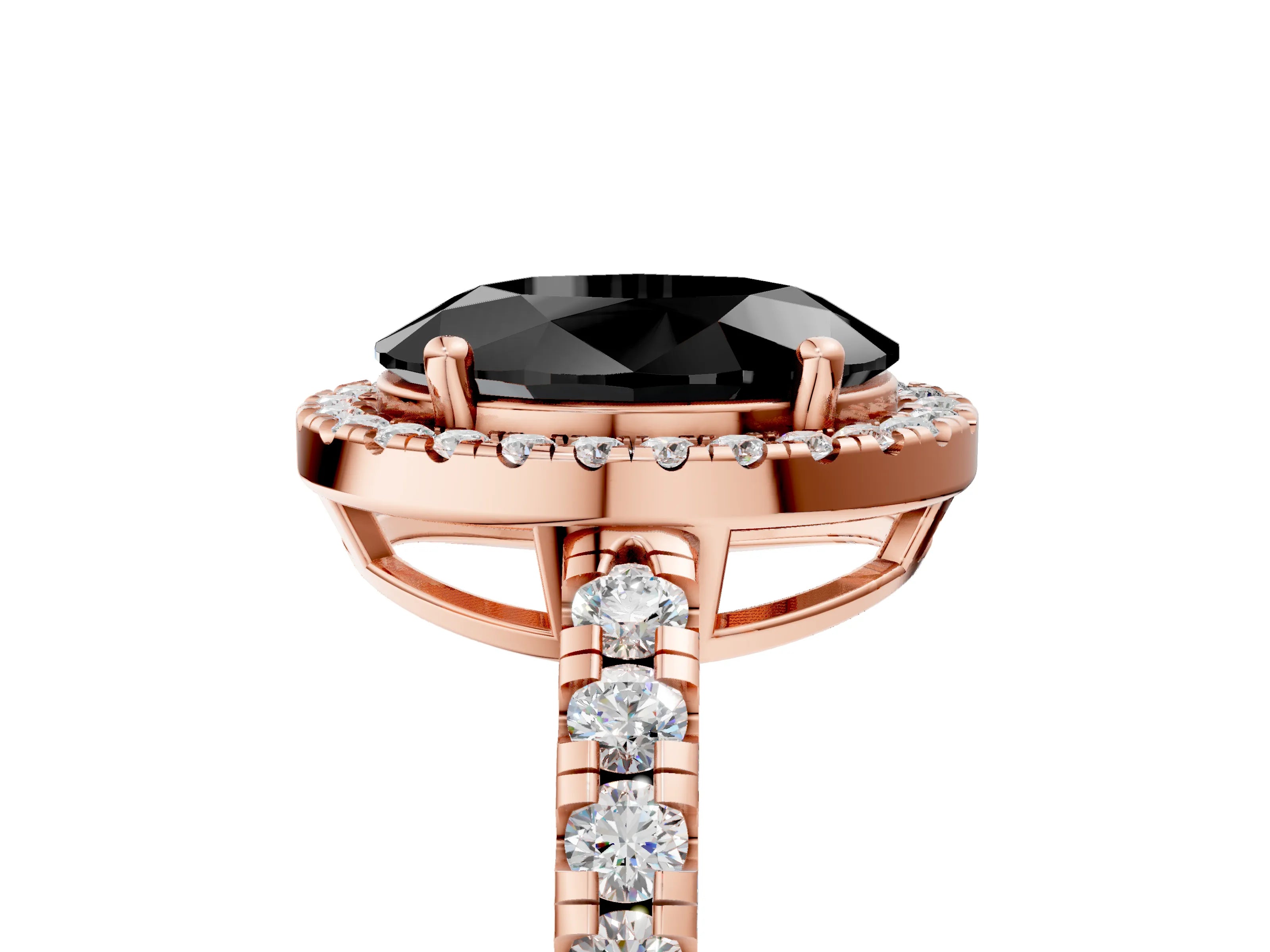 Rose gold Fancy Black Oval Cut Diamond Halo Ring with Pavé Band and Four-Prong Setting_5
