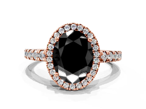 Rose gold Fancy Black Oval Cut Diamond Halo Ring with Pavé Band and Four-Prong Setting