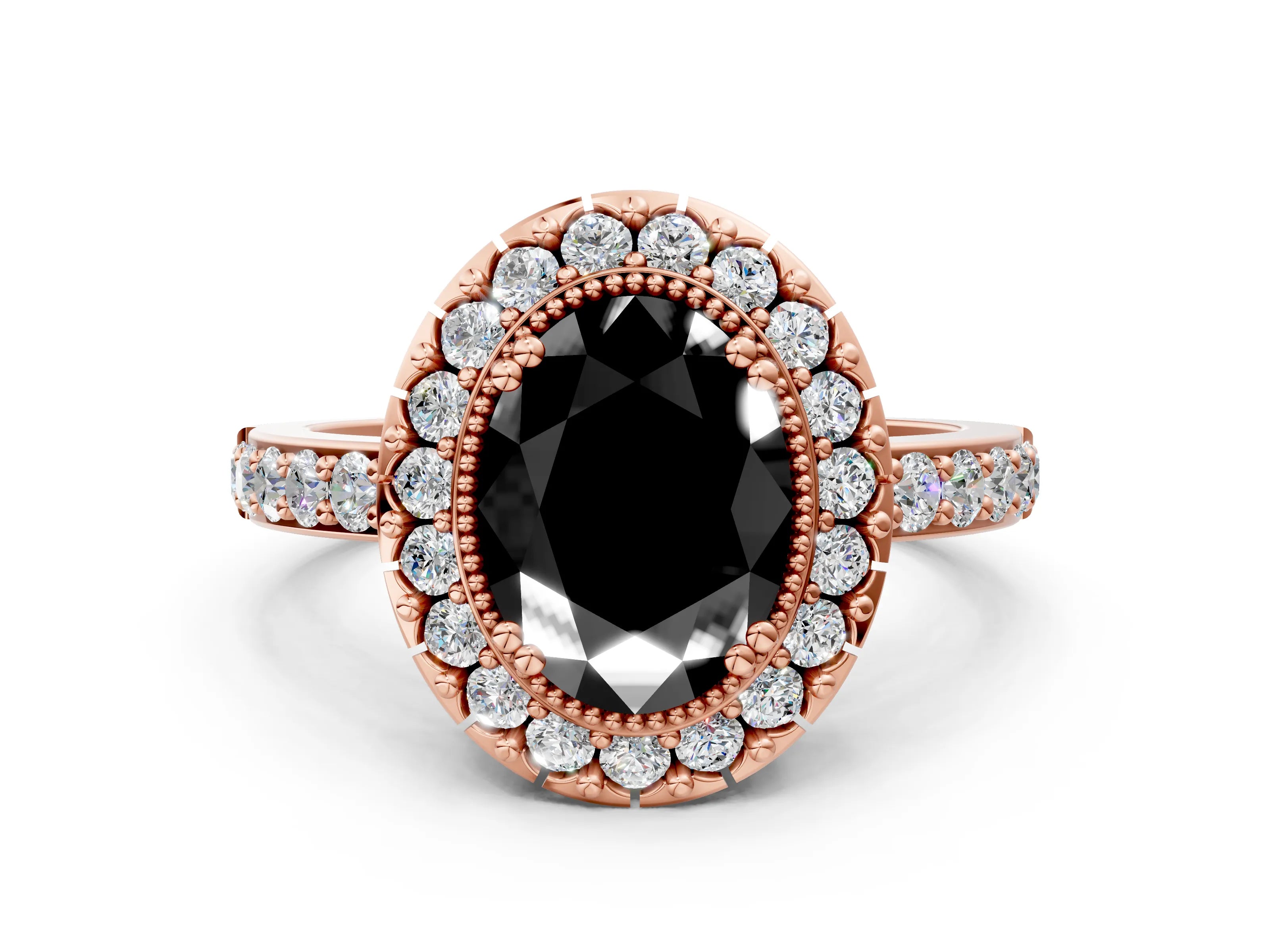 Rose gold Fancy Black Oval Cut Diamond Halo Ring with Pavé Band and Prong Setting