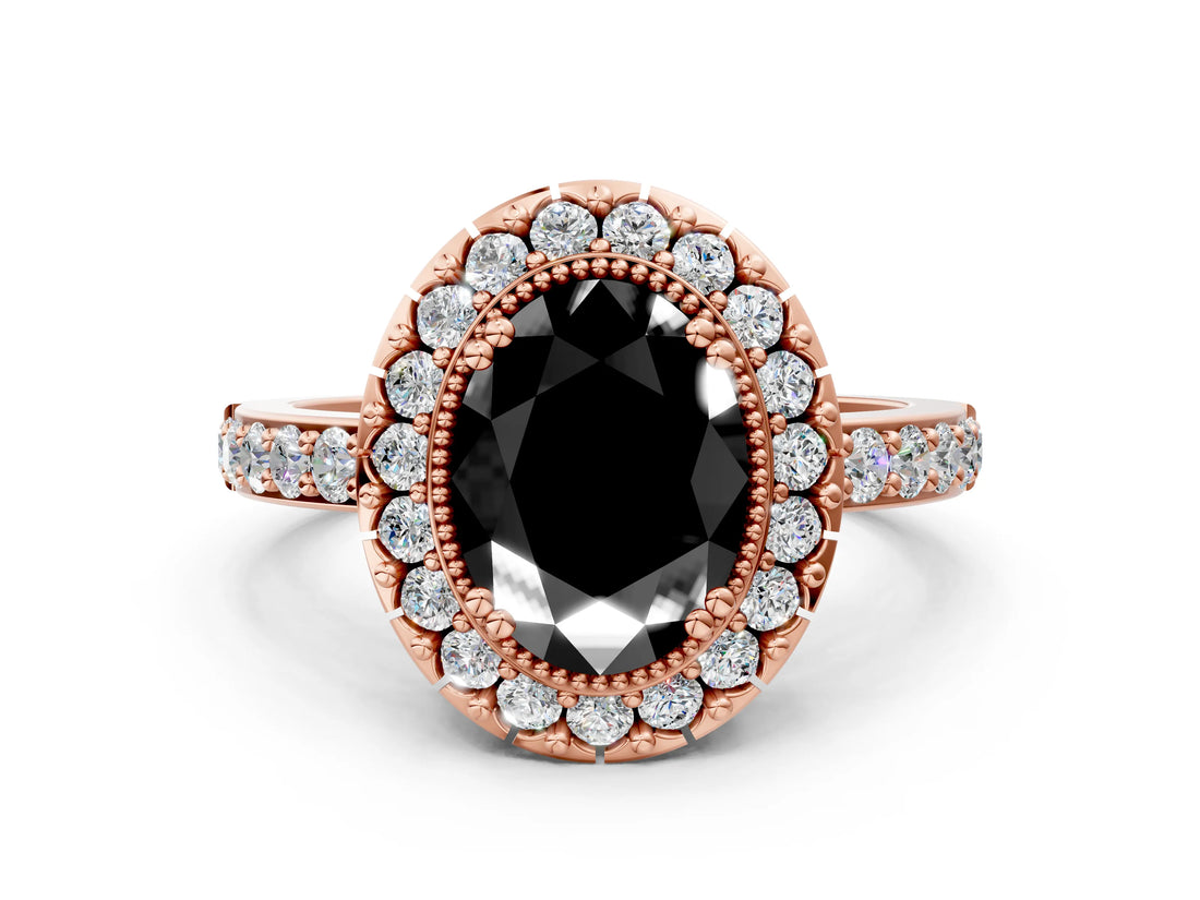 Rose gold Fancy Black Oval Cut Diamond Halo Ring with Pavé Band and Prong Setting