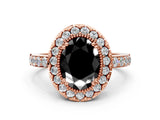 Rose gold Fancy Black Oval Cut Diamond Halo Ring with Pavé Band and Prong Setting