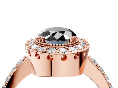 Rose gold Fancy Black Oval Cut Diamond Halo Ring with Pavé Band and Prong Setting_4