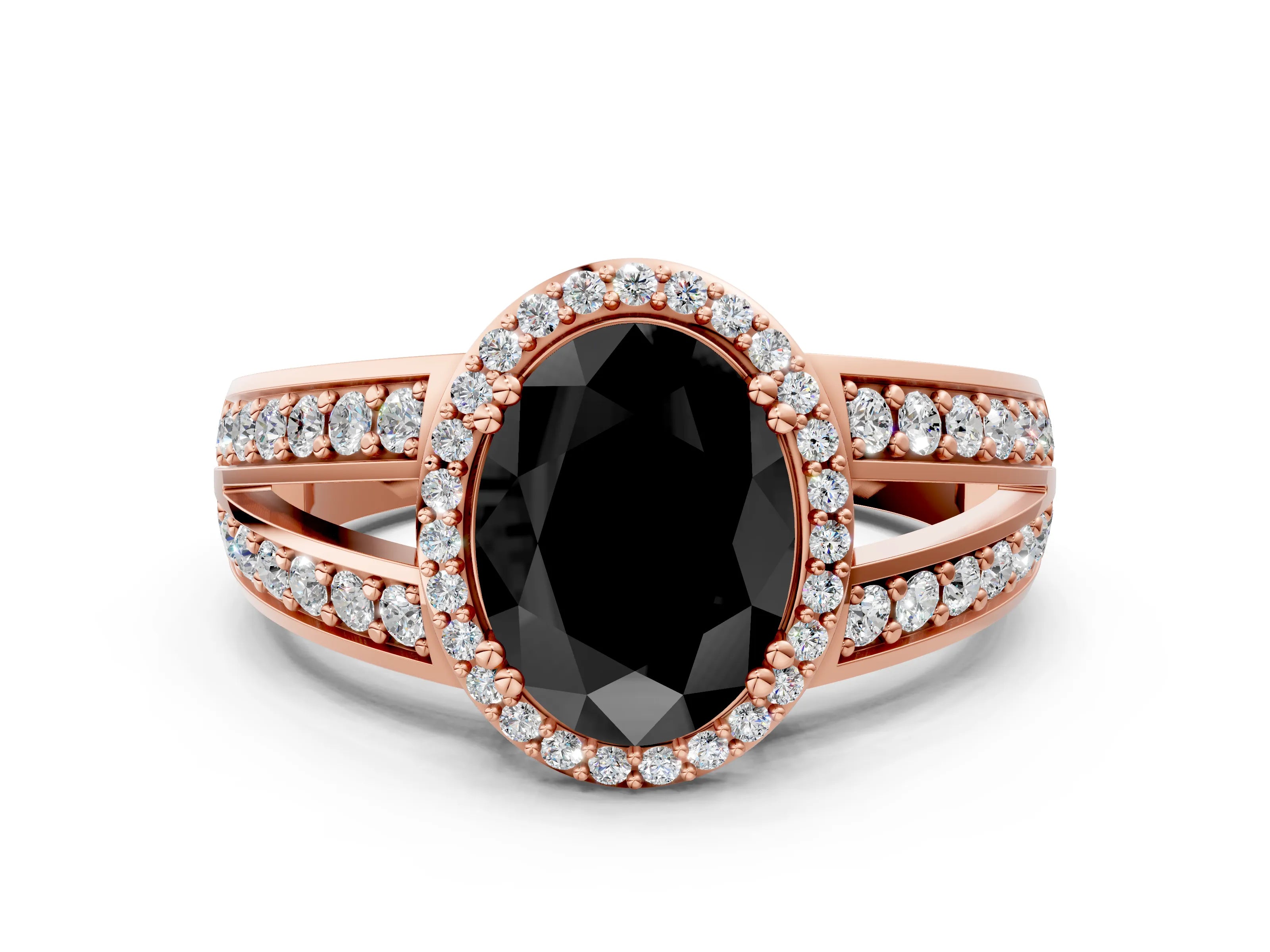 Rose gold Fancy Black Oval Cut Diamond Halo Ring with Split Shank Pavé Band and Four-Prong Setting