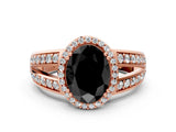 Rose gold Fancy Black Oval Cut Diamond Halo Ring with Split Shank Pavé Band and Four-Prong Setting