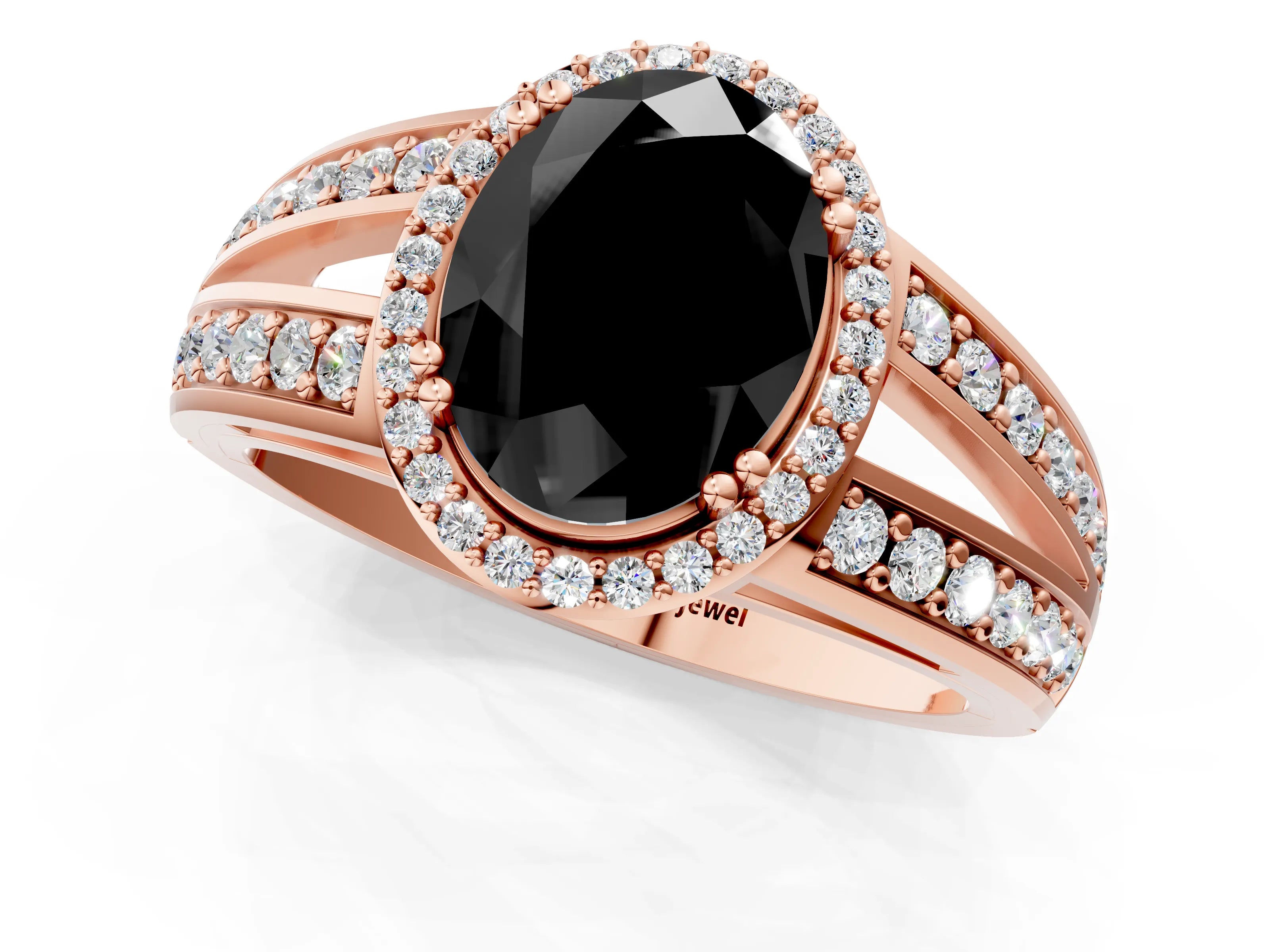 Rose gold Fancy Black Oval Cut Diamond Halo Ring with Split Shank Pavé Band and Four-Prong Setting_1
