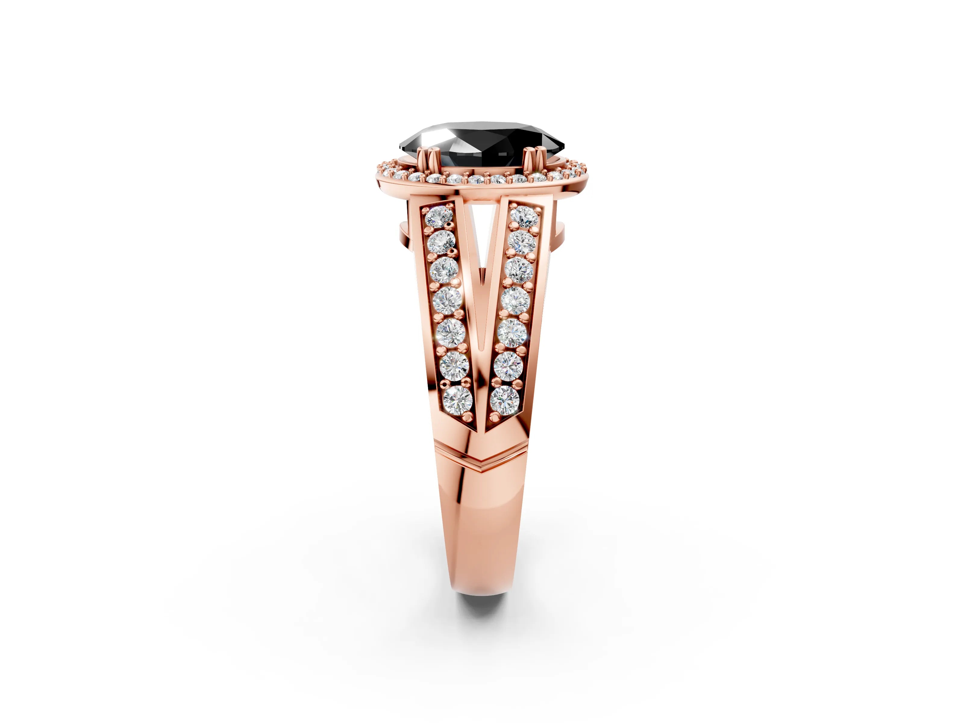 Rose gold Fancy Black Oval Cut Diamond Halo Ring with Split Shank Pavé Band and Four-Prong Setting_2