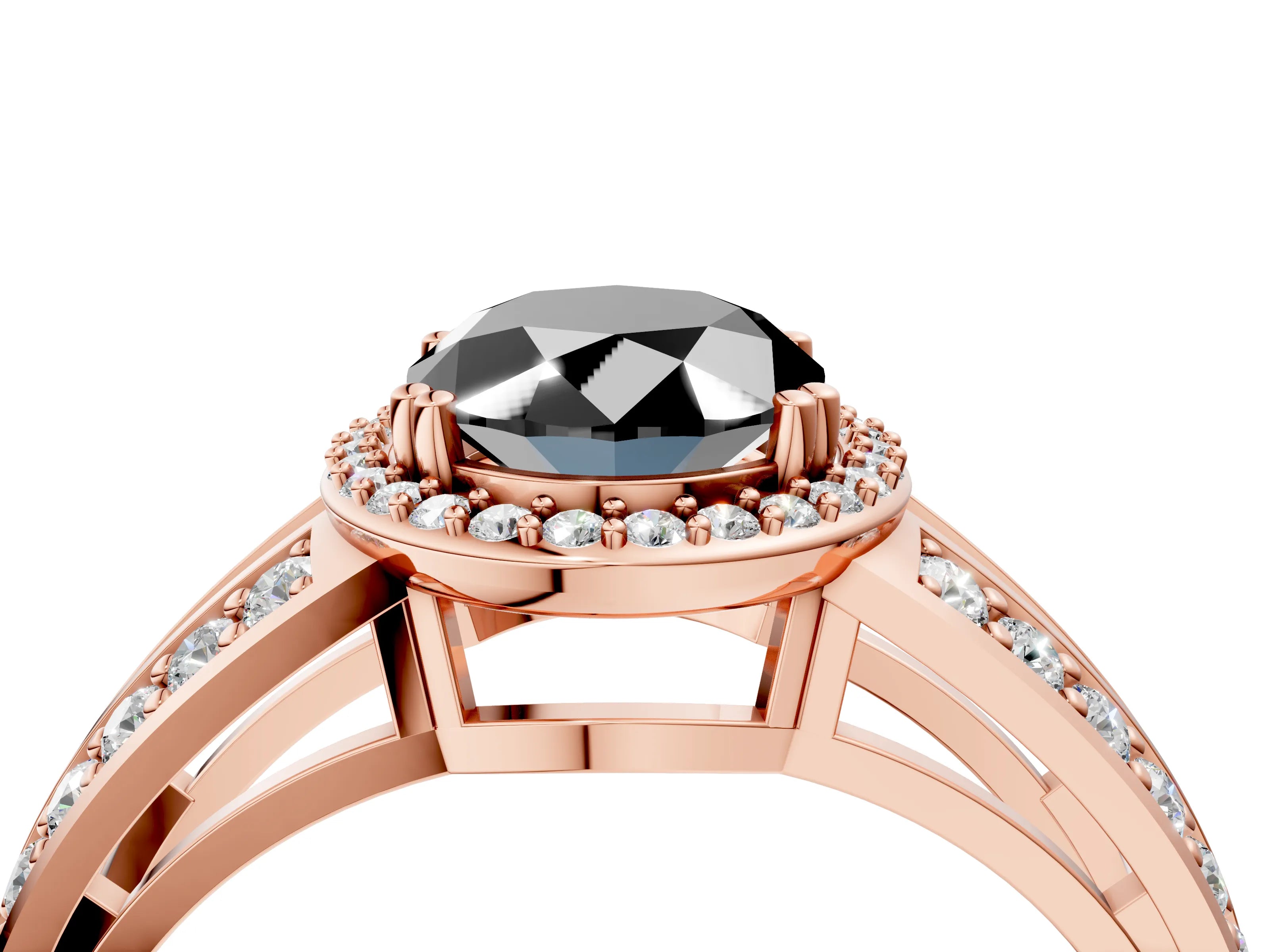 Rose gold Fancy Black Oval Cut Diamond Halo Ring with Split Shank Pavé Band and Four-Prong Setting_4