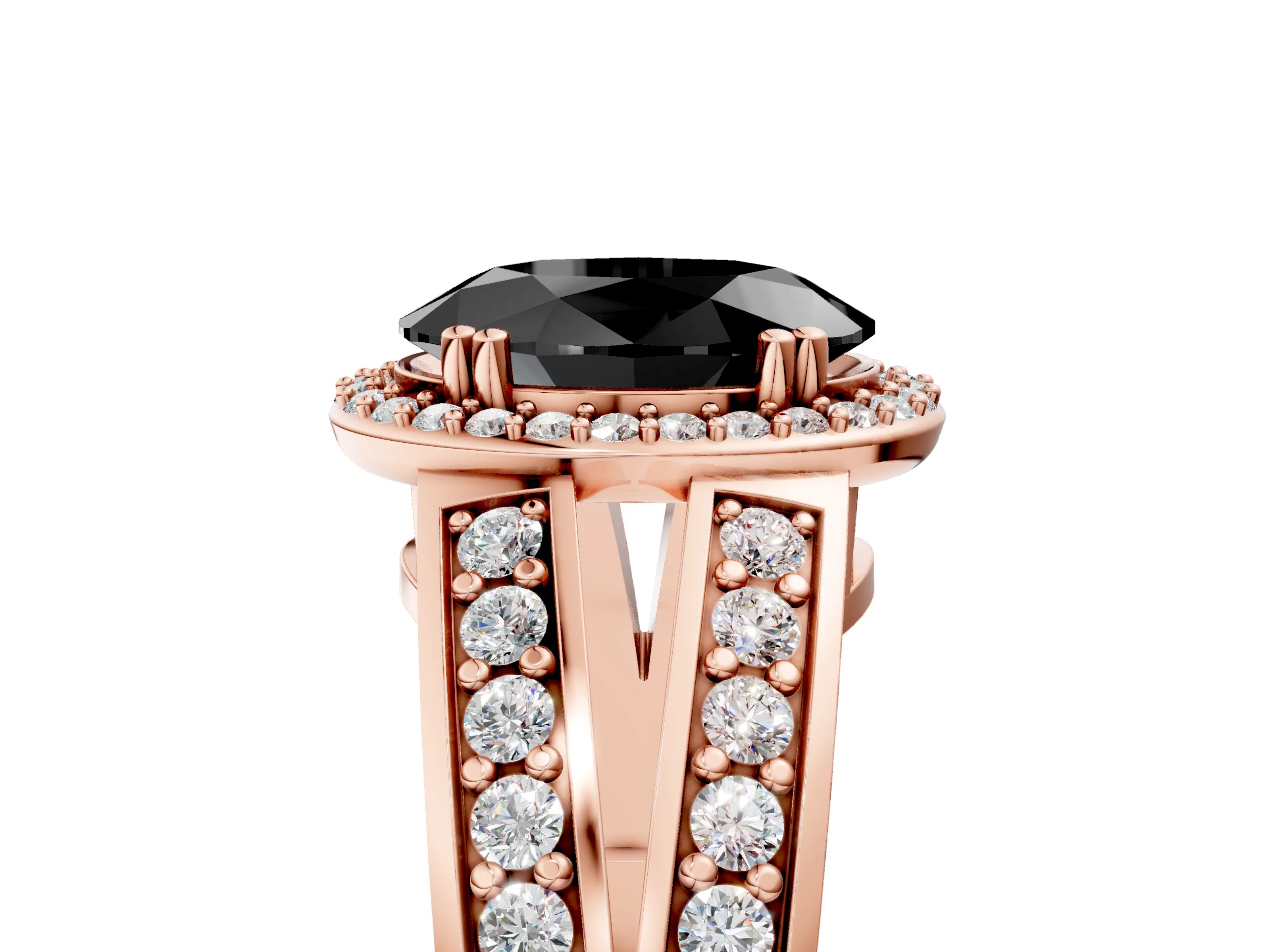 Rose gold Fancy Black Oval Cut Diamond Halo Ring with Split Shank Pavé Band and Four-Prong Setting_5