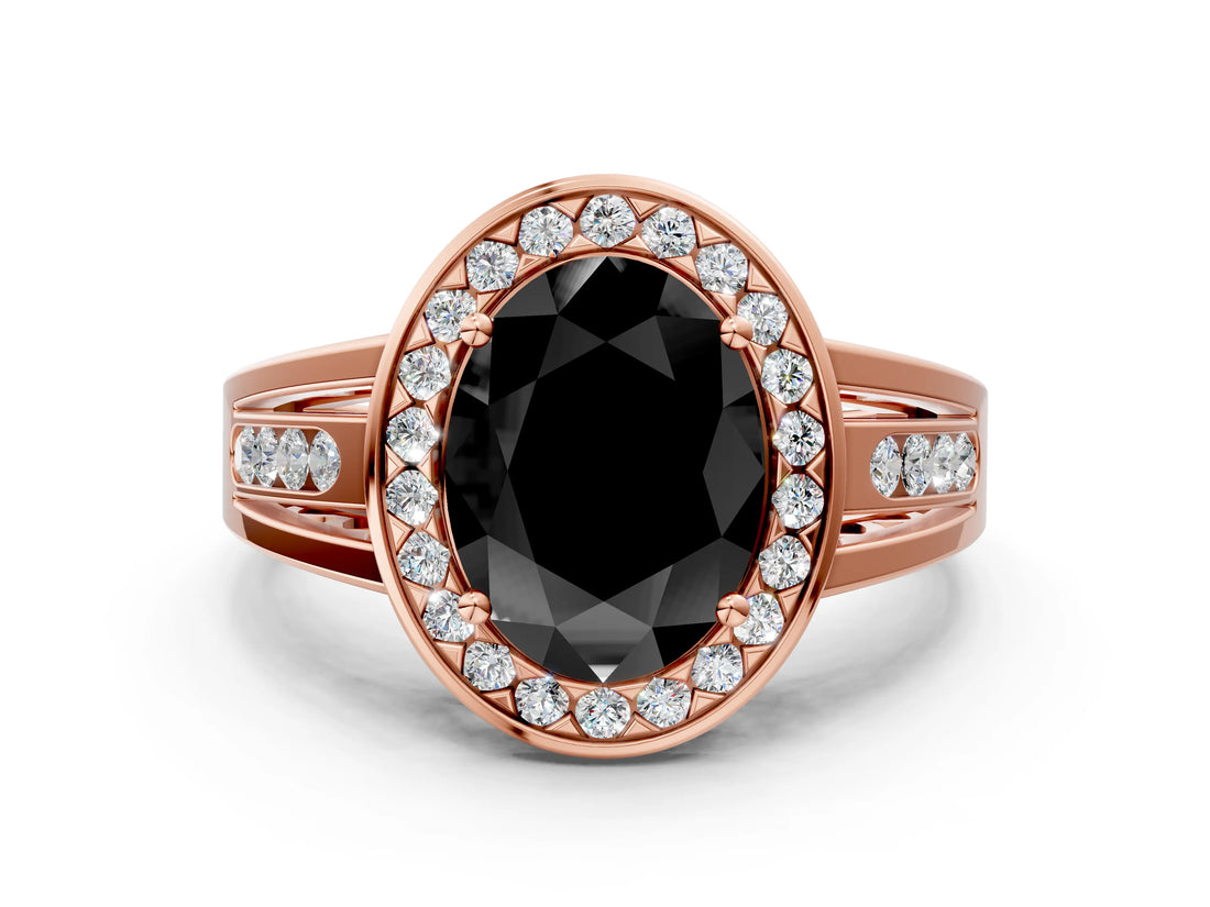 Rose gold Fancy Black Oval Cut Diamond Halo Ring with Split Shank and Bezel Accents and Prong Setting