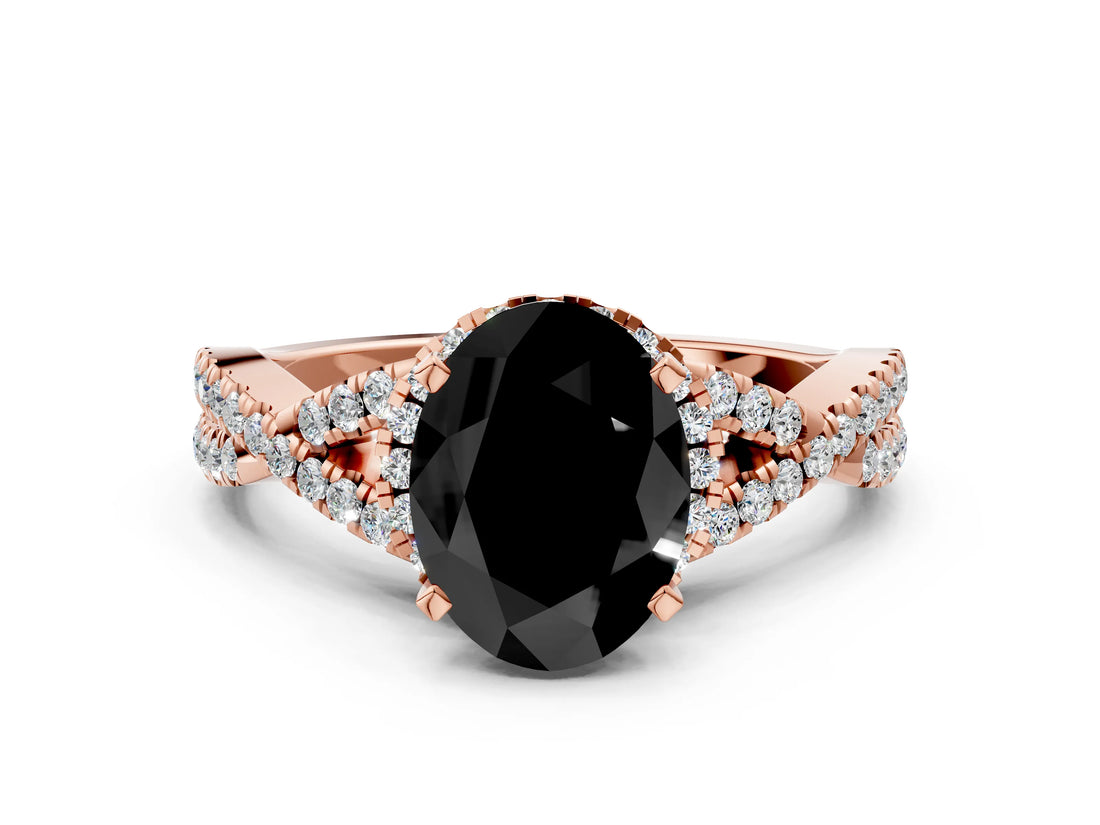 Rose gold Fancy Black Oval Cut Diamond Halo Twist Band Solitaire Prong Setting Ring