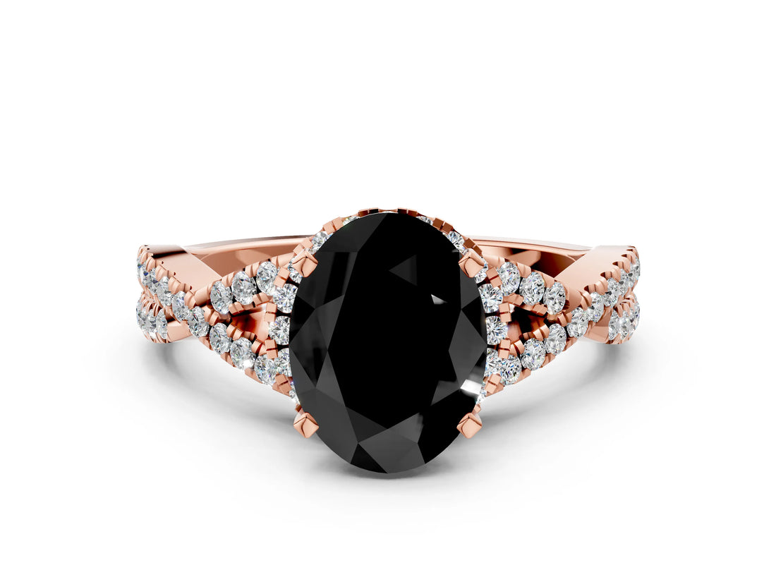Rose gold Fancy Black Oval Cut Diamond  Halo Twist Band Solitaire Prong Setting Ring_42
