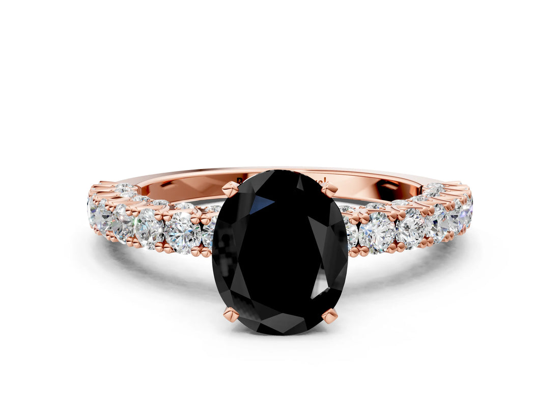 Rose gold Fancy Black Oval Cut Diamond Pavé Band Solitaire Ring with Prong Setting_12