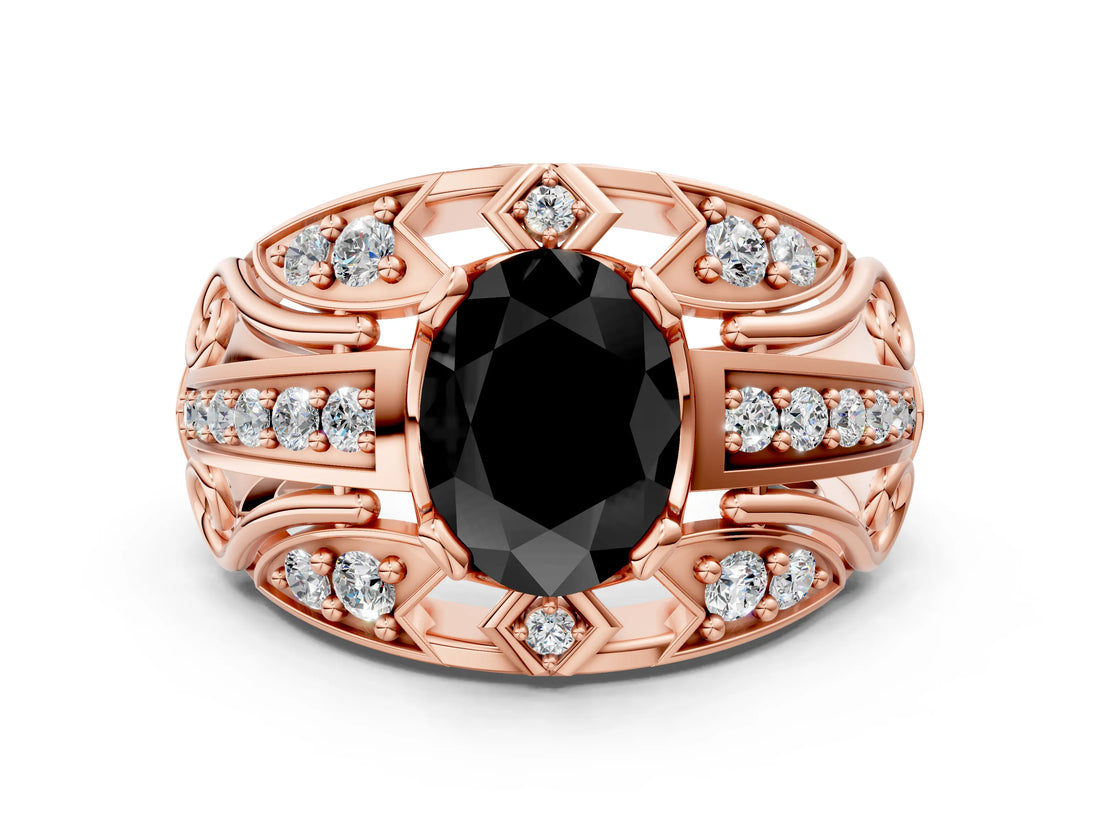 Rose gold Fancy Black Oval Cut Diamond Pave Art Deco Split Shank Ring with Four-Prong Setting