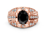 Rose gold Fancy Black Oval Cut Diamond Pave Art Deco Split Shank Ring with Four-Prong Setting