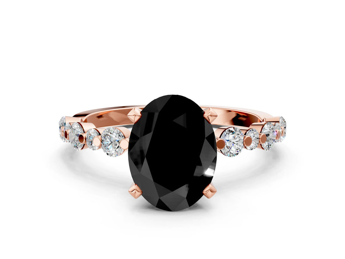 Rose gold Fancy Black Oval Cut Diamond Prong Set Engagement Ring with Pave Band
