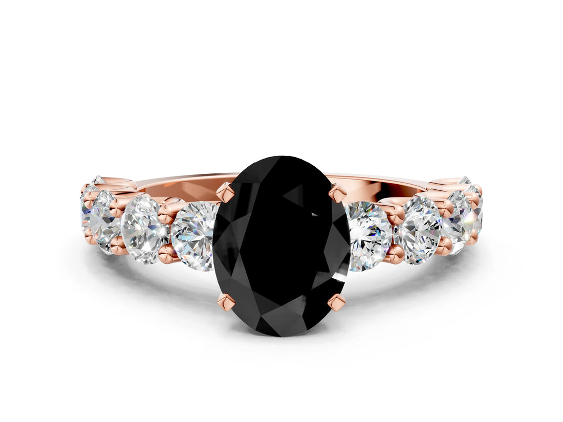 Rose gold Fancy Black Oval Cut Diamond Prong Setting with Side Stones on a Pave Band