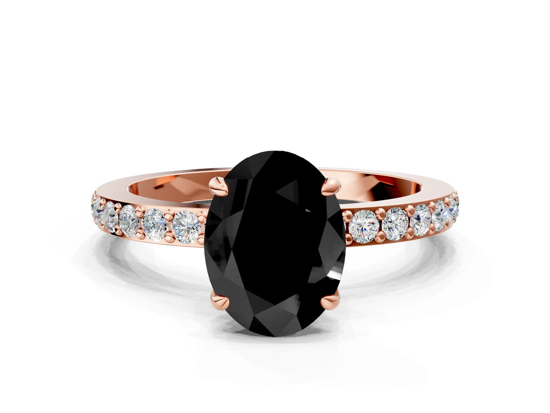 Rose gold Fancy Black Oval Cut Diamond Ring with Pavé Band and Four-Prong Setting