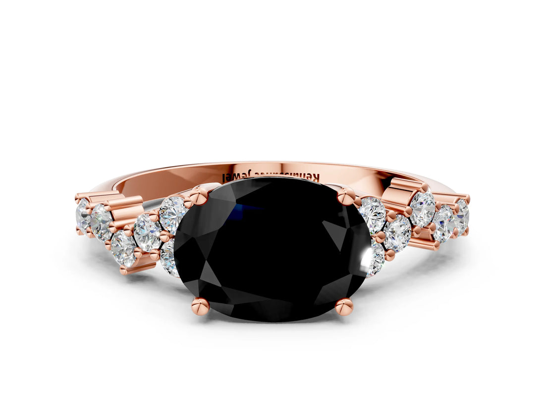 Rose gold Fancy Black Oval Cut Diamond Scattered Round Accent Ring with Prong Setting_12