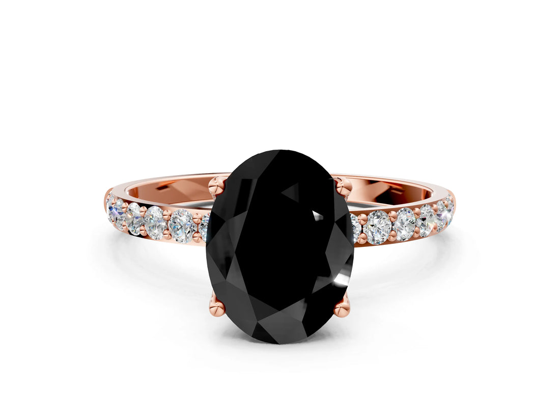 Rose gold Fancy Black Oval Cut Diamond Solitaire Engagement Ring with Pavé Band and Prong Setting