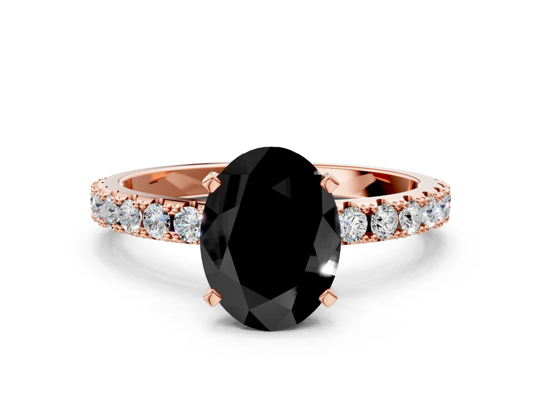 Rose gold Fancy Black Oval Cut Diamond Solitaire Pavé Band with Four-Prong Setting