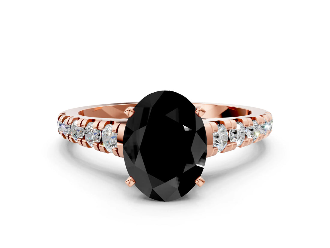 Rose gold Fancy Black Oval Cut Diamond Solitaire Ring with Cathedral Setting and Pavé Band