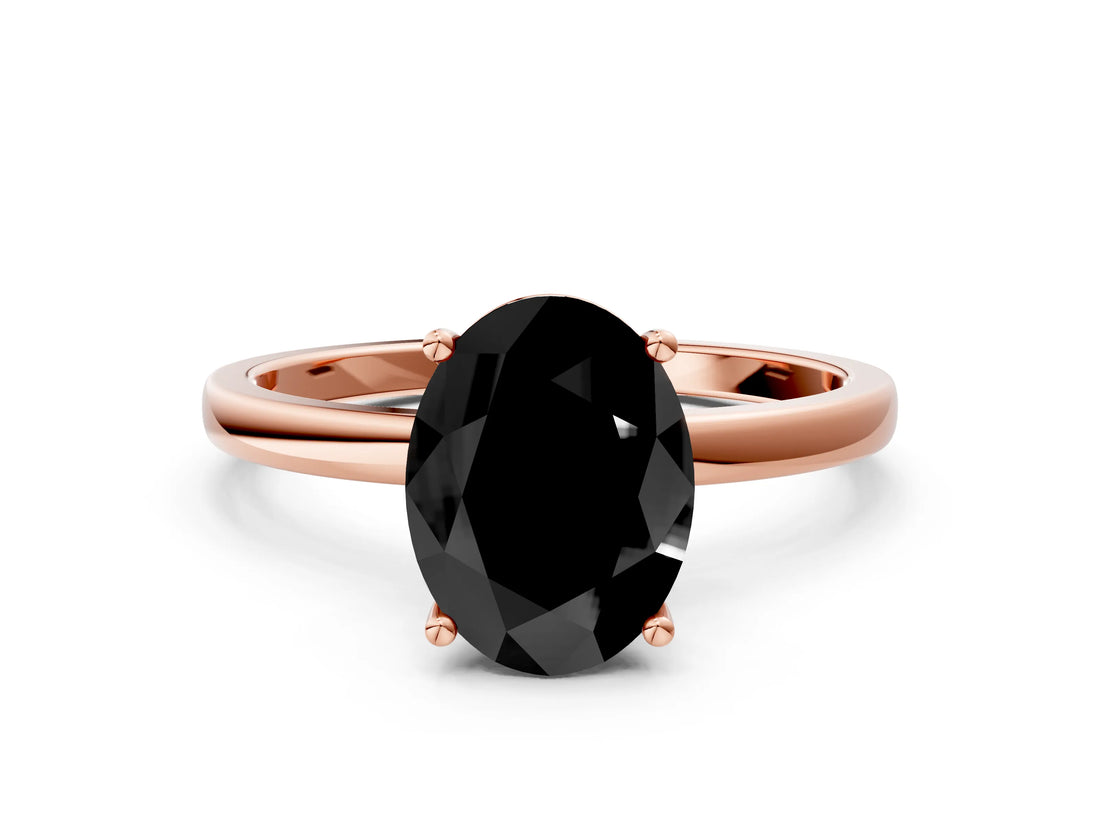 Rose gold Fancy Black Oval Cut Diamond Solitaire Ring with Classic Band and Four-Prong Setting
