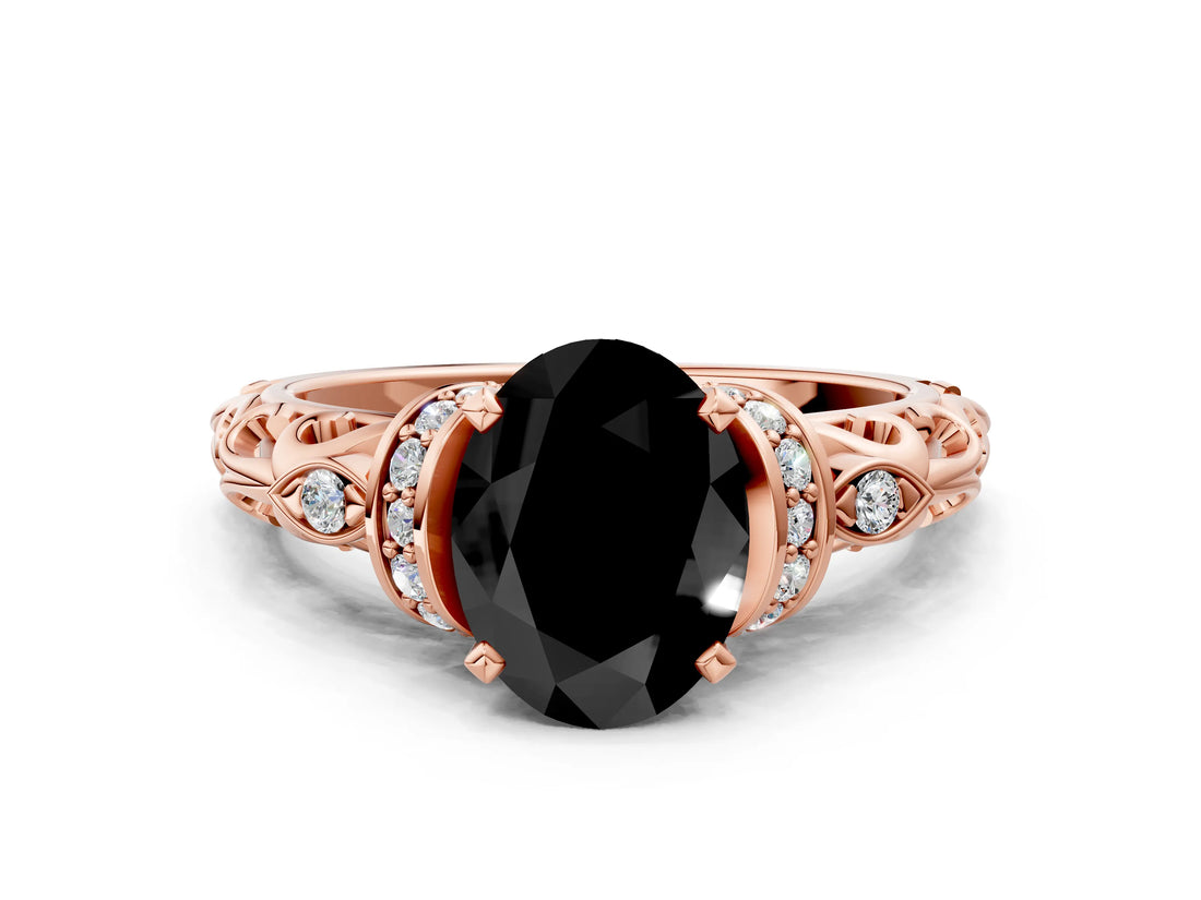Rose gold Fancy Black Oval Cut Diamond Solitaire Ring with Filigree Band and Four-Prong Setting