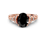 Rose gold Fancy Black Oval Cut Diamond Solitaire Ring with Filigree Band and Four-Prong Setting