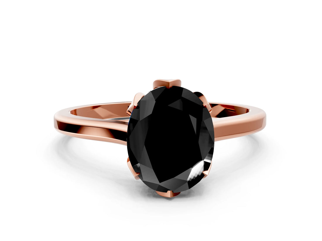Rose gold Fancy Black Oval Cut Diamond Solitaire Ring with Flower Prong Setting and Classic Band_36