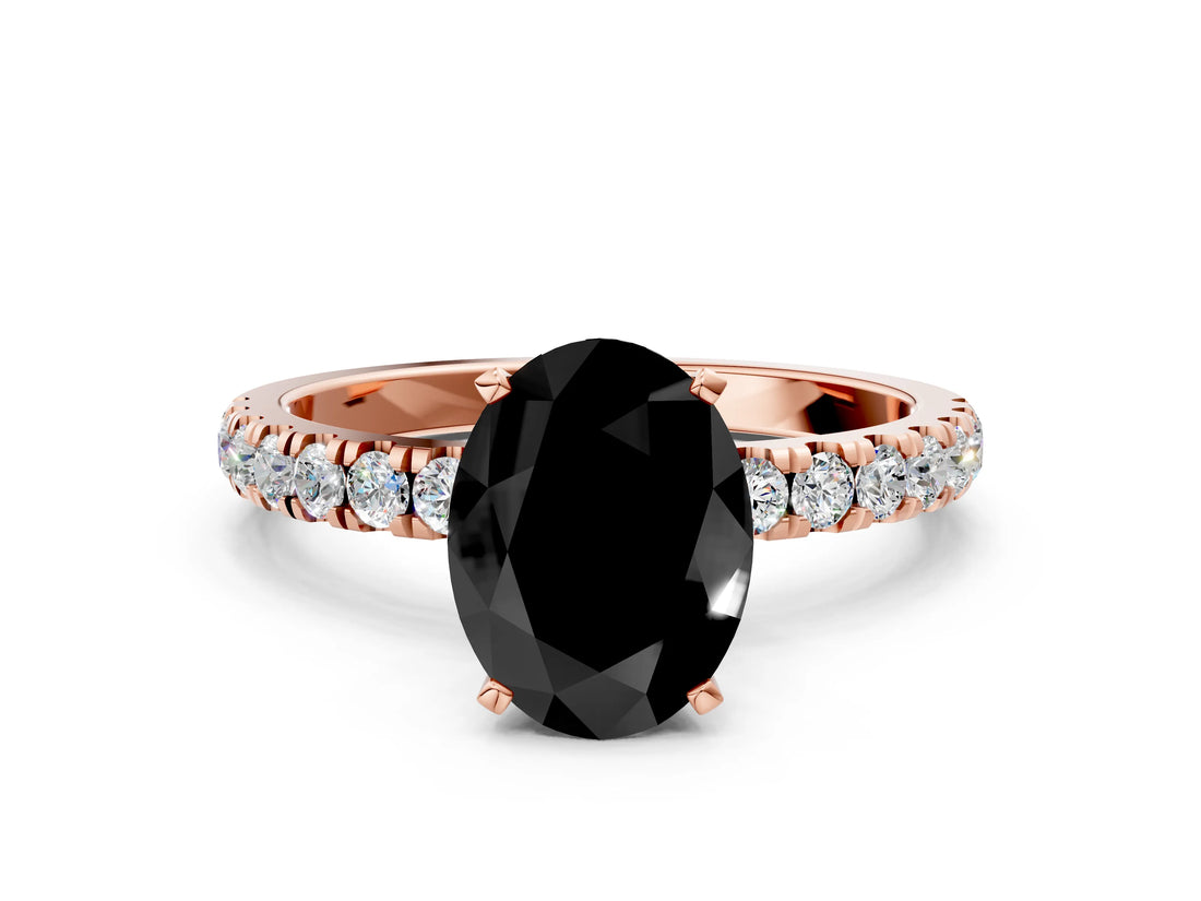 Rose gold Fancy Black Oval Cut Diamond Solitaire Ring with Pavé Accents and Four-Prong Setting