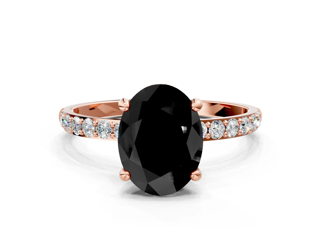 Rose gold Fancy Black Oval Cut Diamond Solitaire Ring with Pave Band and Four Prong Setting_12