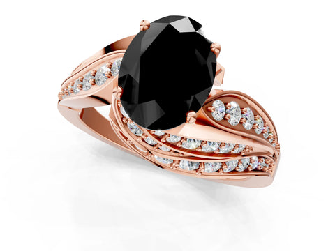 Rose gold Fancy Black Oval Cut Diamond Solitaire Ring with Prong Setting and Twisted Pavé Band_1