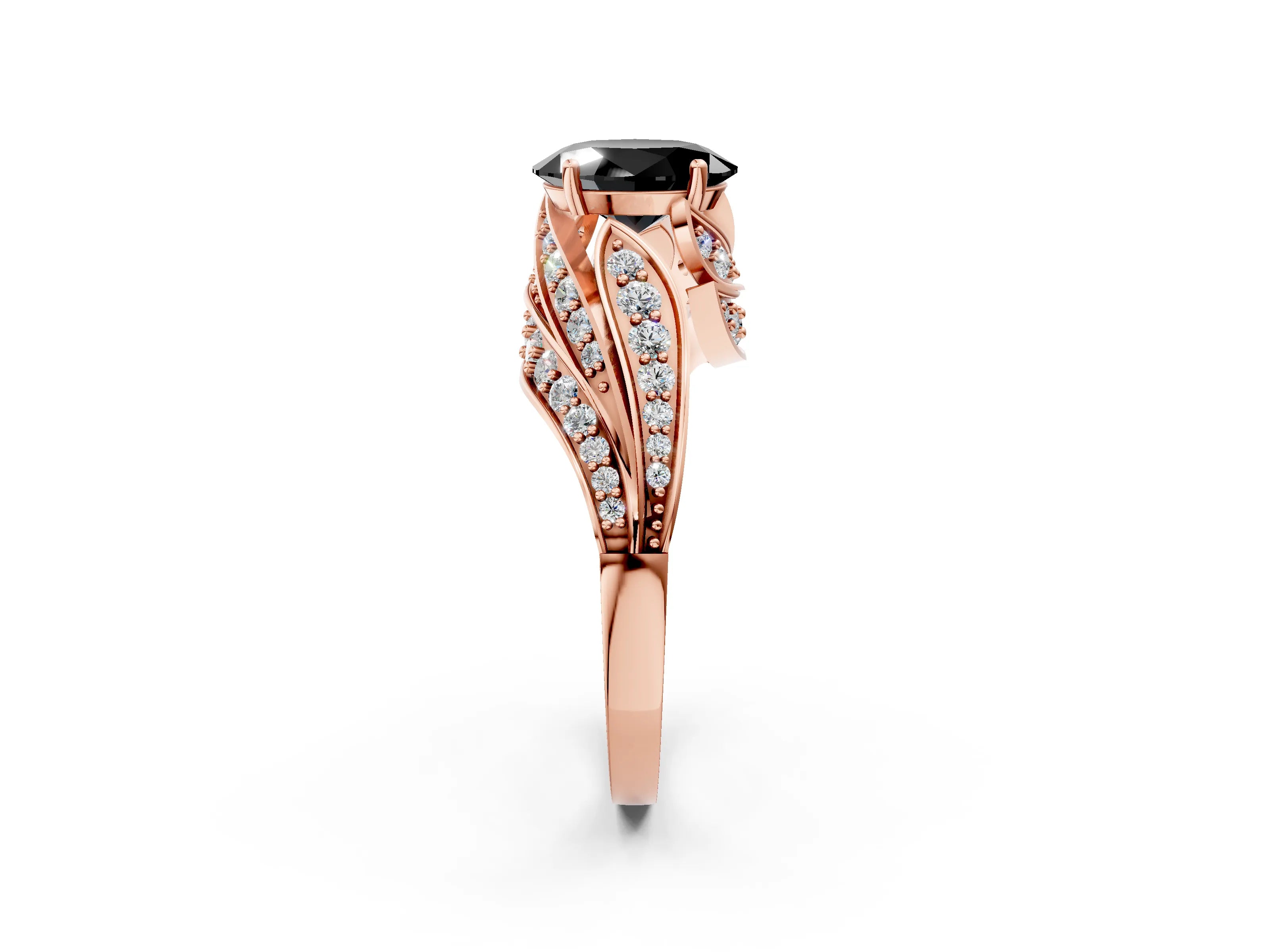 Rose gold Fancy Black Oval Cut Diamond Solitaire Ring with Prong Setting and Twisted Pavé Band_2