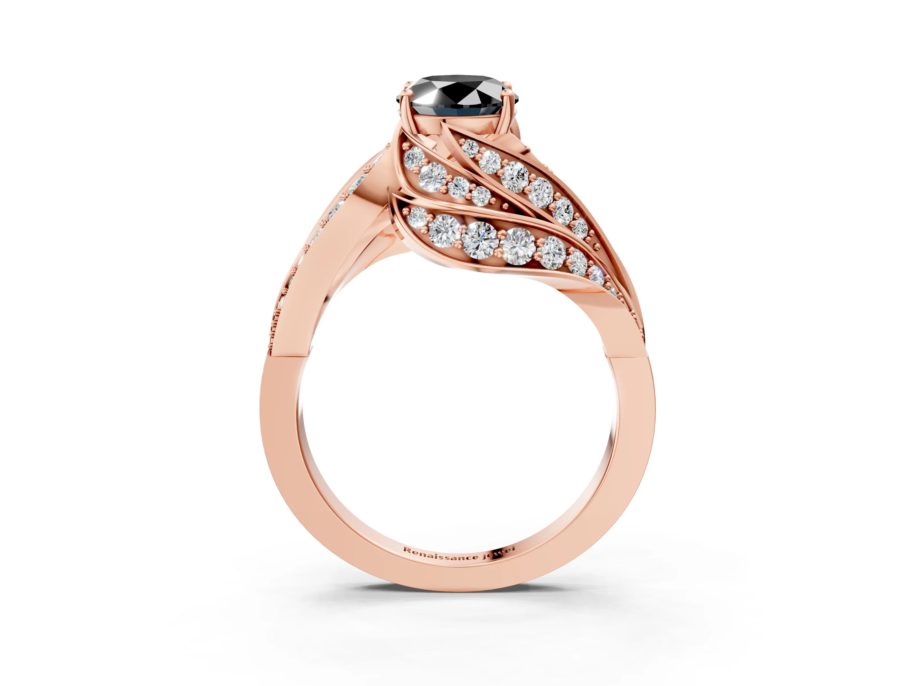 Rose gold Fancy Black Oval Cut Diamond Solitaire Ring with Prong Setting and Twisted Pavé Band_3