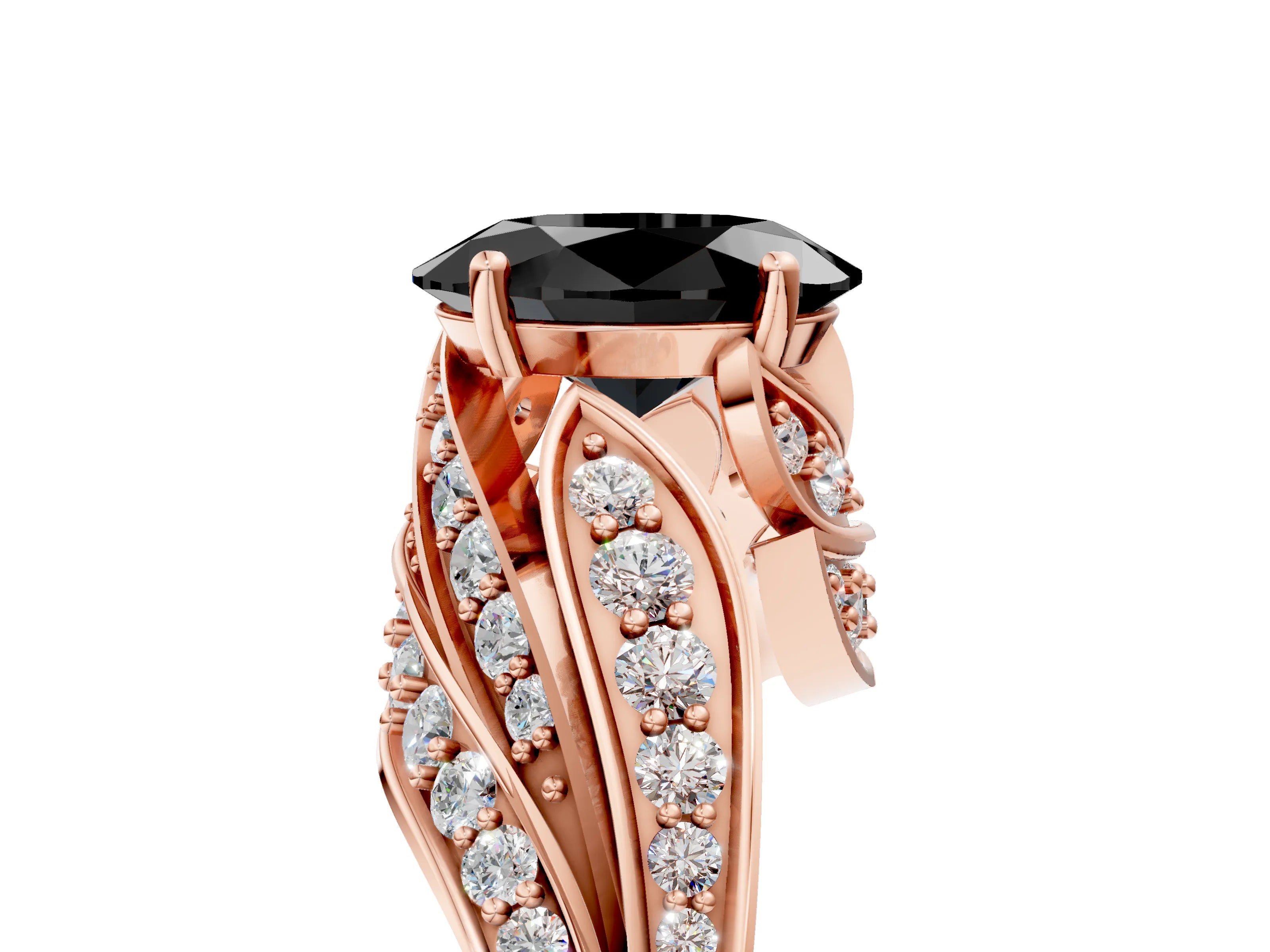 Rose gold Fancy Black Oval Cut Diamond Solitaire Ring with Prong Setting and Twisted Pavé Band_5